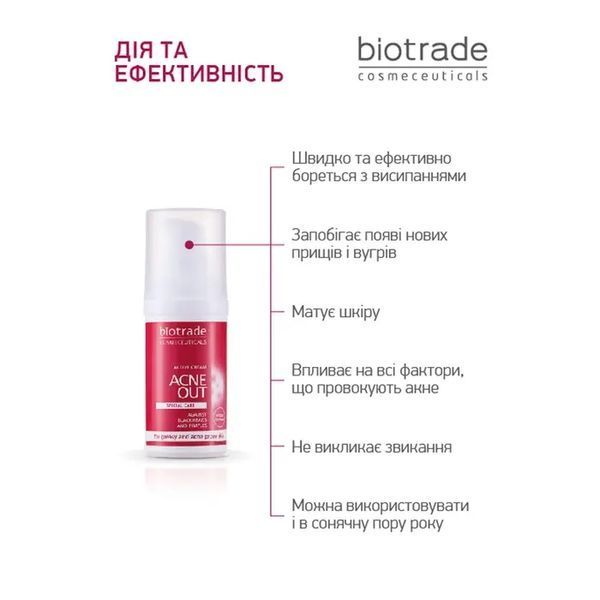 АКТИВНИЙ КРЕМ ACNE OUT / ДЛЯ ПРОБЛЕМНОЇ ШКІРИ З ВУГРАМИ ТА КОМЕДОНАМИ / ЛОКАЛЬНОГО НАНЕСЕННЯ 30 мл biotr_579366 фото